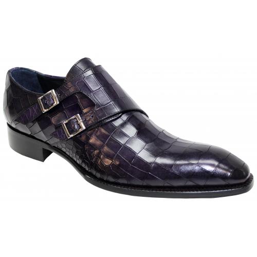 Duca Di Matiste "Vergato" Purple Genuine Calfskin Alligator Print Double Monk Strap Loafer Shoes.